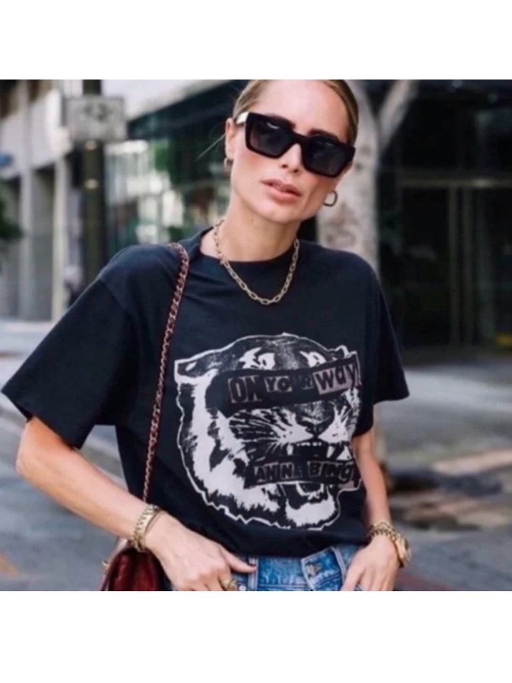 Anine Bing Kids Charcoal Graphic Tiger Tee with Pink Accents